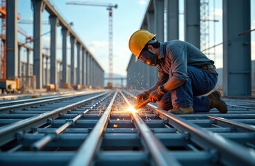 Welder works on metal structure at construction site. Sparks fly from welding torch as worker creates steel beam joints for mezzanine floor, wearing protective gear.