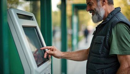 Mature man uses electronic ticket machine at public transport stop. Smiles, tapping touchscreen to buy pass. Older person interacts with modern tech for city travel. Urban commute, self service kiosk.
