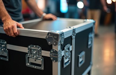 Person moves heavy equipment case indoors. Hands grip sturdy transport container with metal latches. Professional setup for AV gear or event setup. Focus on durable packaging and logistics.