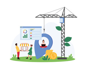 Place and location of new retail store, online navigation for business startup. People holding small store building, construction crane carrying location point for map cartoon vector illustration