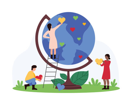 Charity of volunteers community, help from international charitable nonprofit organization and world unity. Tiny people with love to Earth planet pin hearts to globe cartoon vector illustration