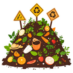 Fototapeta premium Pile of Compost with Food Scraps Soil Leaves and Signage on White Background