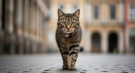 Urban Wanderer: A striking tabby cat confidently strides through an urban environment, its gaze fixed forward, exuding a sense of independence and curiosity.