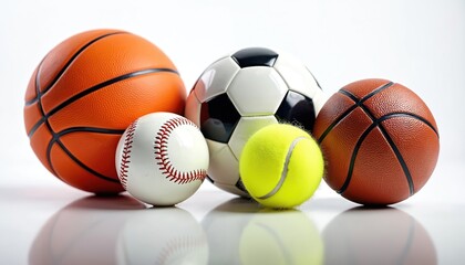 Collection of varied sports balls on clean white background. Basketball, soccer ball, baseball, tennis ball, mini basketball reflect on surface. Game items show active play, competition, healthy