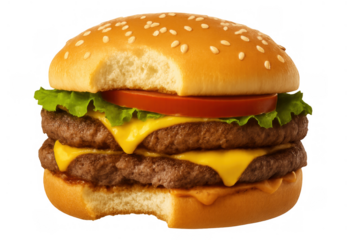 Double cheeseburger with two patties and melted cheese, a bite taken, ready for eating, on transparent background