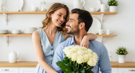 Young couple smiling and embracing while holding bouquet of roses indoors  
