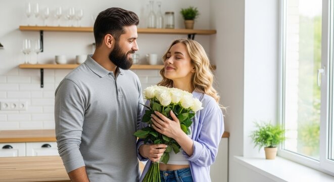 Young couple smiling and holding white roses in modern kitchen  
