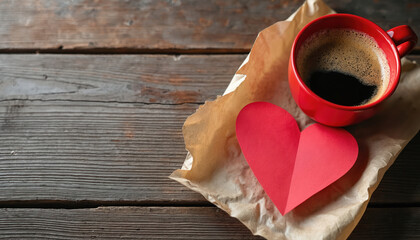 Red cup filled with coffee sits beside paper heart on brown paper. Rustic wood background creates cozy atmosphere. Perfect for Valentine day or love notes.