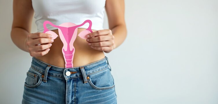 Woman holds paper uterus model near her abdomen. Discussing female reproductive health, womens issues, pregnancy, fertility, and diseases like PCOS or cancer.