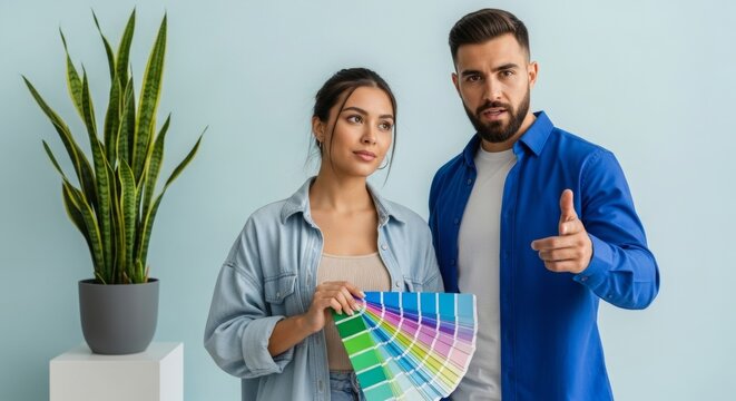 Young couple discussing color palette while standing by potted plant   - Powered by Adobe