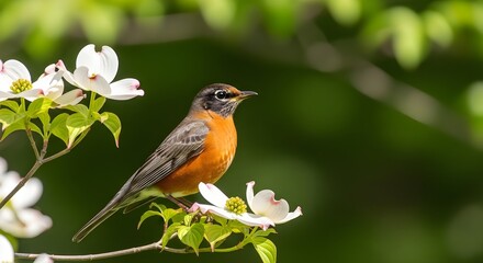 American robin perched on a flowering dogwood tree