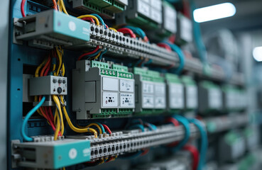 Industrial control panel with various electronic modules, connected wires, circuit breakers. Complex electrical system manages automated processes in modern factory setting. Shows close-up view of