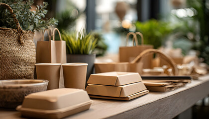 Closeup medium shot of plantbased packaging materials displayed on table emphasizing sustainable and compostable wrapping with softened surroundings