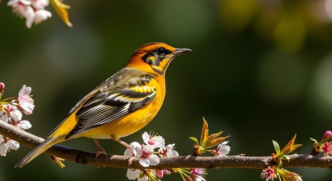 Bullock's oriole perched on a flowering branch