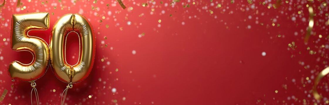 Shiny gold foil balloons shape number fifty floating on bright red background. Golden confetti, glitter, ribbons fall around festive numeric digit. Signifies grand celebration, important anniversary,