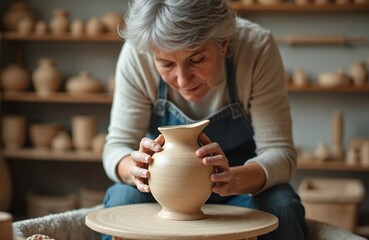Senior woman makes clay pot on spinning wheel in cozy studio. Uses hands to gracefully shape wet clay into beautiful, unique vase. Pottery creative hobby, art, relaxing activity. Finds pure joy