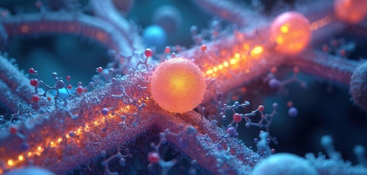 Detailed cellular transport system with molecules moving across membrane. Illustrates nutrient or waste exchange in microscopic biological process. Energy pathways, molecular interactions are visible.