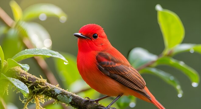 Scarlet tanager perched on a mossy branch outside