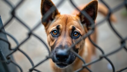 Sad brown dog behind wire fence looks out from kennel enclosure. Lonely abandoned canine waits for adoption hoping for forever home, feels despair.
