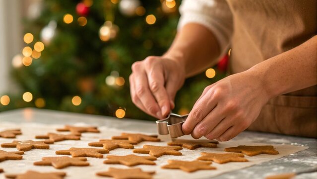 Close-up of hands cutting star-shaped gingerbread cookies from dough on table with blurred Christmas tree lights in background - Powered by Adobe