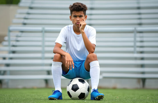 Young soccer player waits on sidelines, sitting on ball. He looks bored while watching game, ready for his turn. Youth athlete sits on turf.