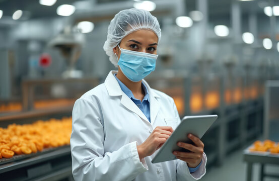 Woman wears hairnet mask lab coat checks food quality on tablet. Female inspector works in factory production line with snacks. She monitors process in manufacturing plant.