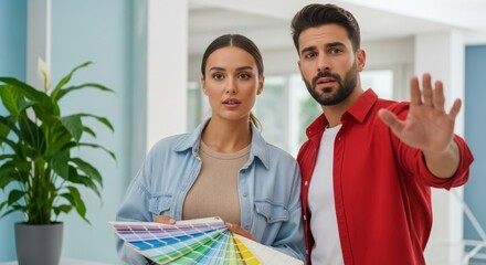 Young couple discussing color palette while standing in modern room  