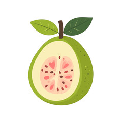 Sliced Guava Showing Pink Flesh and Dark Seeds with Two Green Leaves Isolated on a Clean White Background