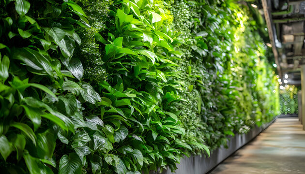 Medium shot of a sleek vertical green wall featuring vibrant plants with automated irrigation system ensuring optimal hydration and growth in a modern indoor environment