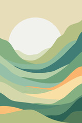 Abstract green landscape illustration with rolling hills and a large white sun. Calming nature-inspired artwork with soft earthy tones and minimalist modern design.