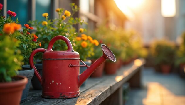 Red watering can sits on wooden bench. Rooftop garden displays potted flowers under sunshine. Gardening tools and floral decor on balcony. Relaxing hobby concept. Summer mood in the yard.