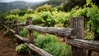 Fototapeta premium Closeup of a rustic wooden fence surrounding a lush vineyard showcasing natural materials blending seamlessly with growing grapevines