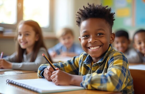 Happy young black boy smiles at camera in classroom. He holds a pencil, ready to learn. Diverse children study together at desks. Kids enjoy school, education, and bright future in kindergarten.