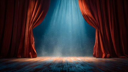 Curtains of Drama: An empty stage bathed in a dramatic spotlight, beckoning viewers into a world of endless possibilities, with flowing, red curtains and a rustic wooden floor.
