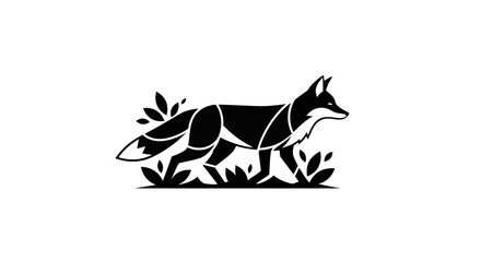 Stylized black fox silhouette walking through grass against a white background