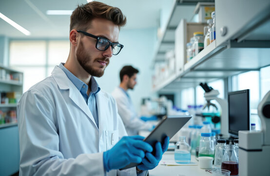 Male scientist uses tablet in lab examining data for medical research. Another researcher works in background with microscope and science equipment. Future innovation in health care.