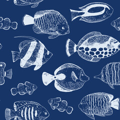 Obraz premium Seamless pattern with coral tropical fish. Hand-drawn vector ornament for design in classic engraving style.