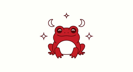 Stylized red frog with celestial elements on white background