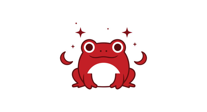 Stylized red frog icon with celestial elements on white background