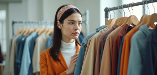 Young woman browses clothes on rack in modern studio. She carefully selects garments, thinking about fashion design. Female works as stylist, picking new season outfits in boutique or workshop.