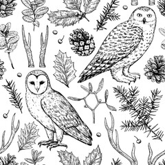 Seamless pattern with pine cones, juniper, owls and antlers. Magic forest Christmas print. Monochrome vector illustration in engraving style.