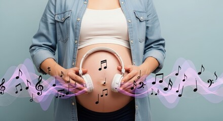 Pregnant woman listening to music with headphones on blue background  