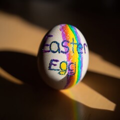Decorated easter egg with rainbow colors and shadow on wooden surface