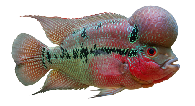 Vibrant Flowerhorn Cichlid Fish with Nuchal Hump on Black Background