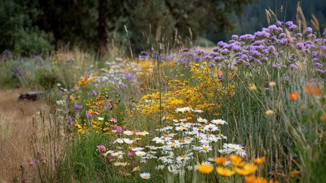 Medium shot of native pollinator strip showcasing diverse wildflowers and grasses supporting local bee and butterfly populations in a natural habitat.