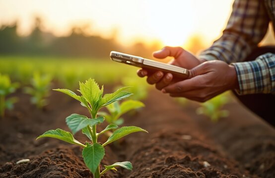 Farmer holds mobile phone near small green plant in rich soil. Agronomist monitors crop growth, plant health with smartphone app for data analysis. Modern agriculture uses digital tech for smart farm