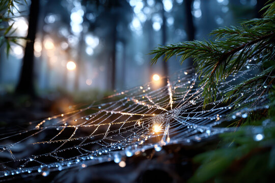 Dewy Spiderweb in Misty Forest at Dawn