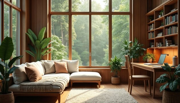 Cozy wooden study room with large window overlooking forest. Comfortable sofa and desk with laptop await. Bookshelves filled with literature provide intellectual ambiance and relaxation space. - Powered by Adobe
