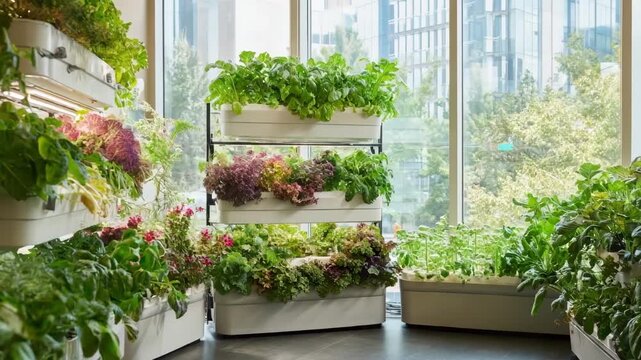 Medium shot capturing a mediumsized vertical garden setup highlighting vibrant leafy greens and flowering plants organized in multilevel containers near a bright window.