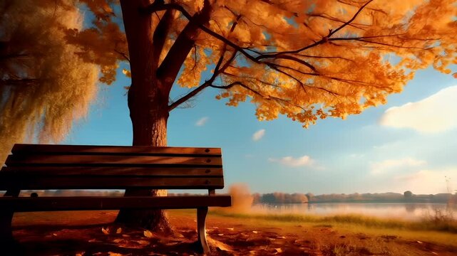 A vivid, sunlit scene featuring a solitary wooden bench under a tree with autumn leaves. The bench is situated on a grassy field with fallen leaves scattered around.